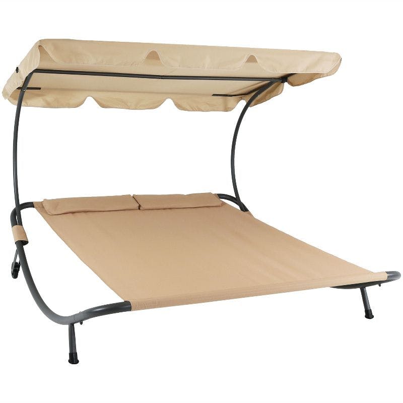 Cabana-Inspired Double Chaise Outdoor Bed with Canopy, Cream