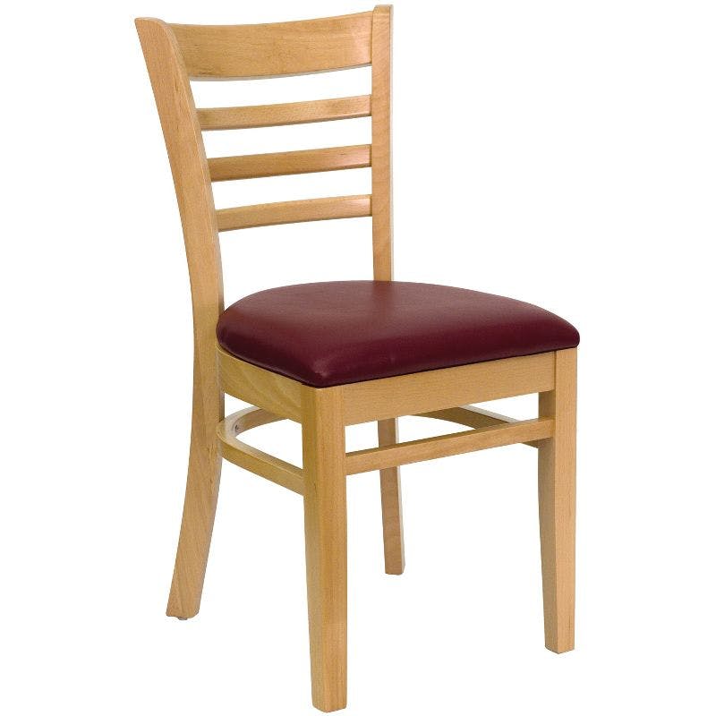 High Ladderback Natural Wood Side Chair with Burgundy Vinyl Seat