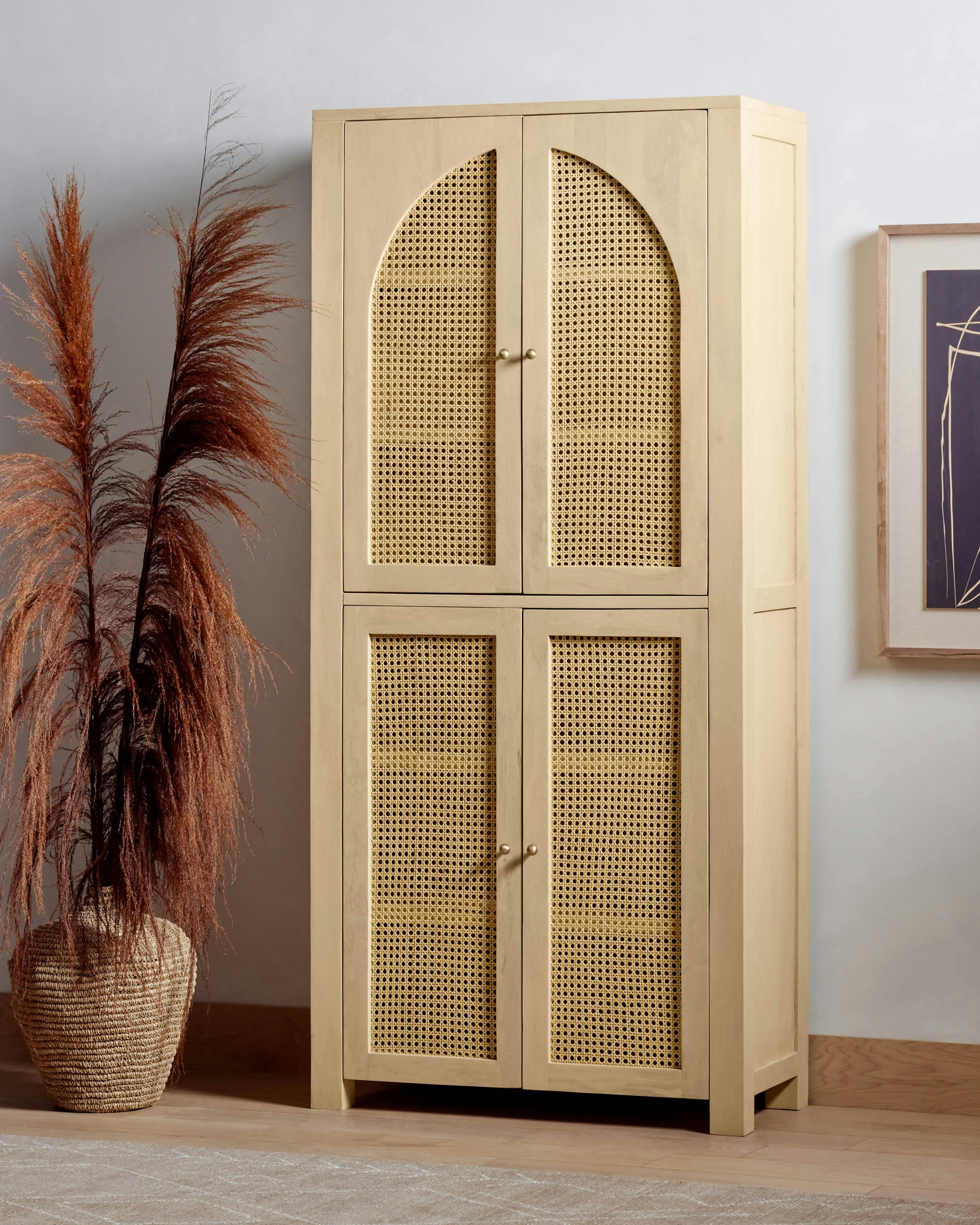 Transitional Black Mango and Cane Arched Cabinet