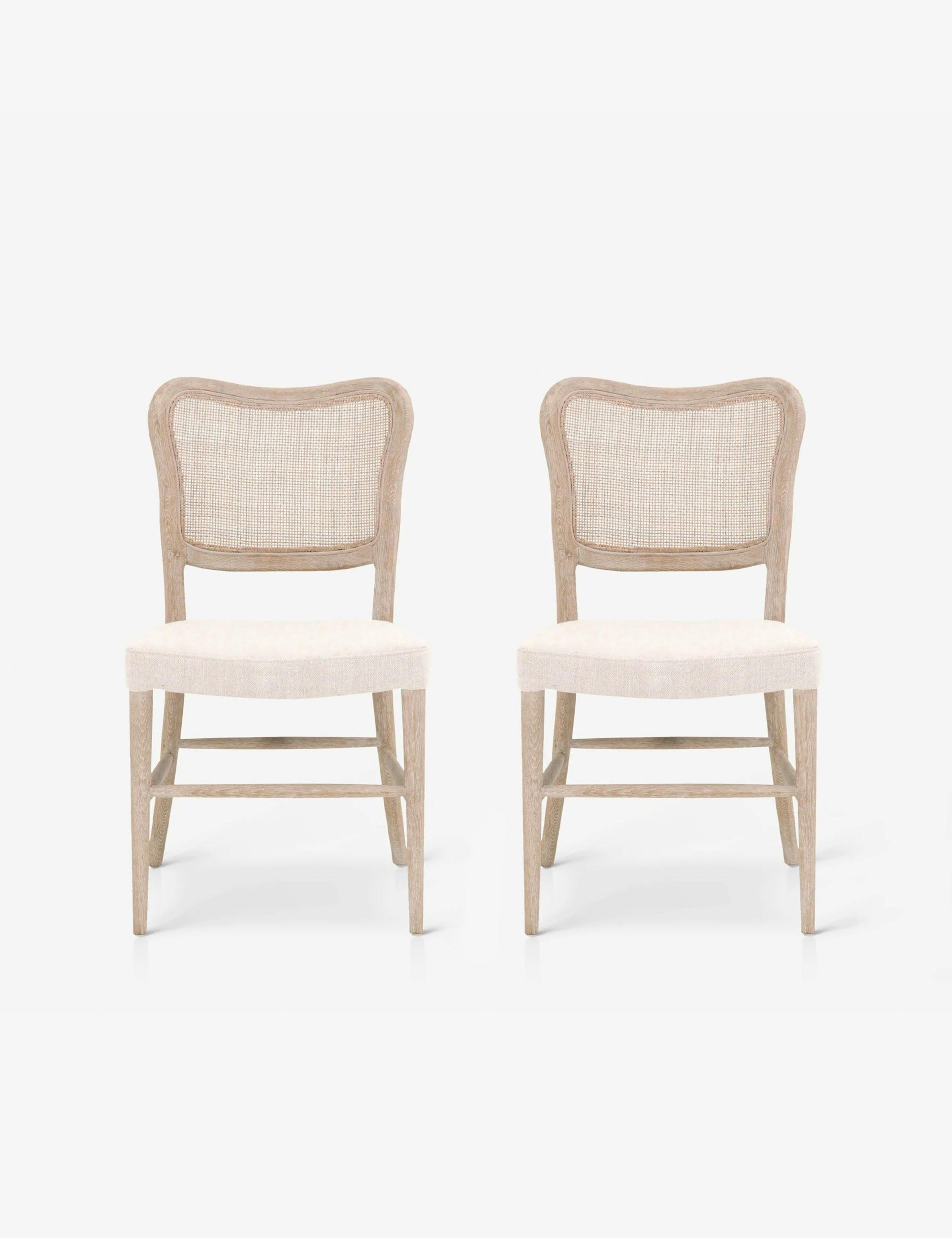 Cela Transitional White Linen & Cane Upholstered Side Chair