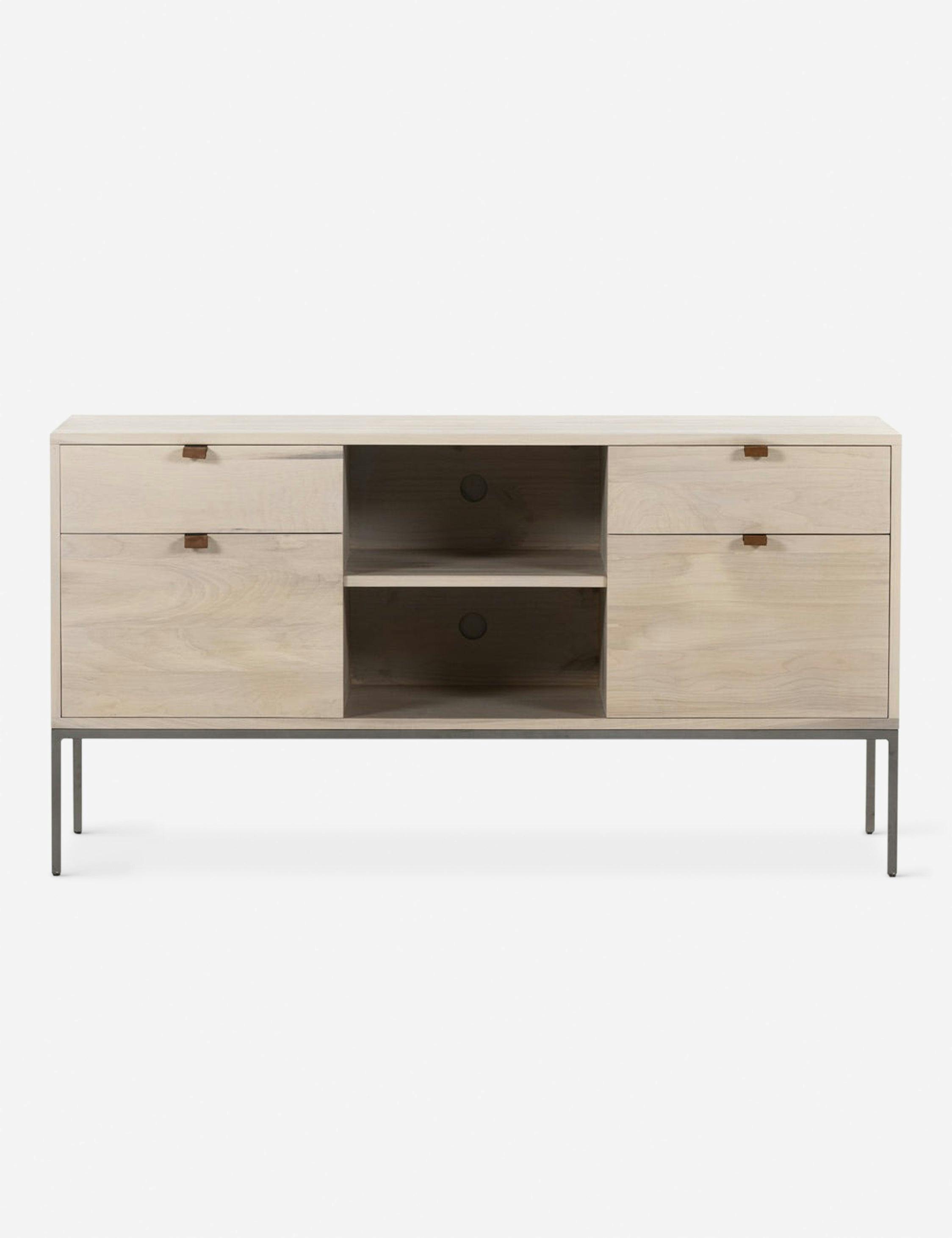 Contemporary White Modular Filing Credenza with Leather Pulls