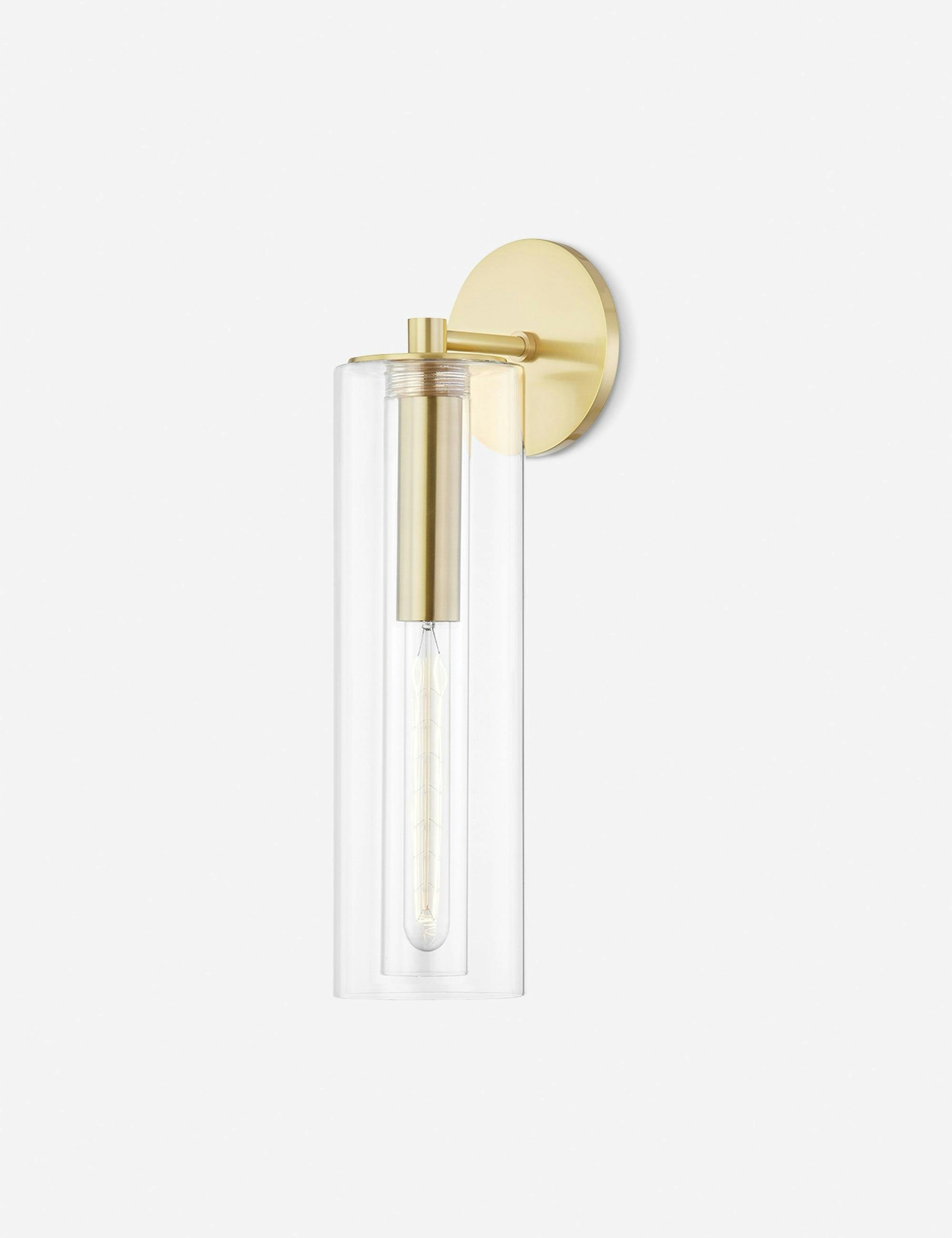 Elegant Aged Brass Cylinder Sconce with Clear Glass Shade